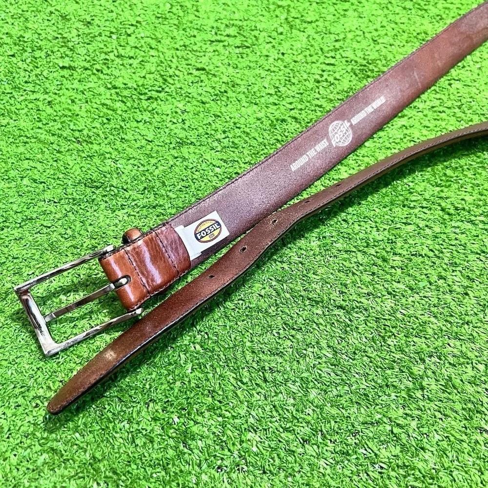 Vintage Fossil Belt SZ 38 Y2K Brown Leather Braided Accents Full Grain Cowhide